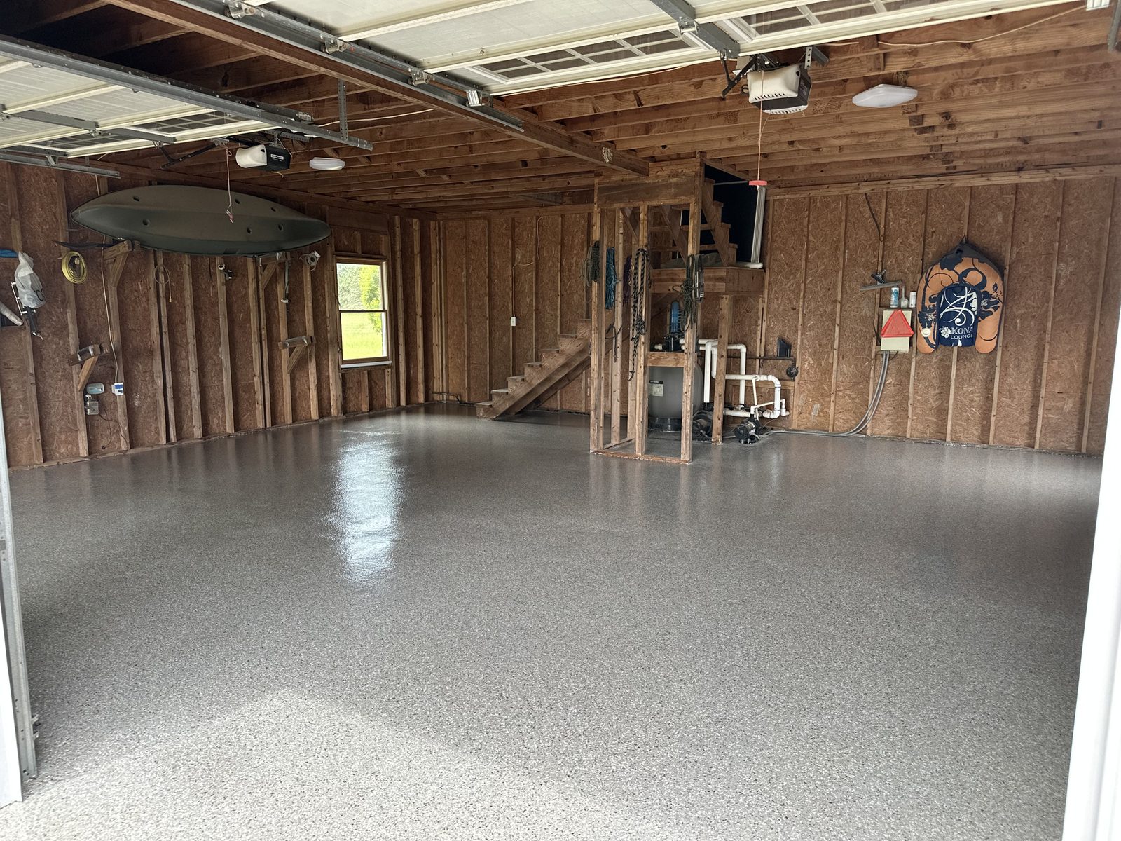 Barn workshop with a glossy coated floor