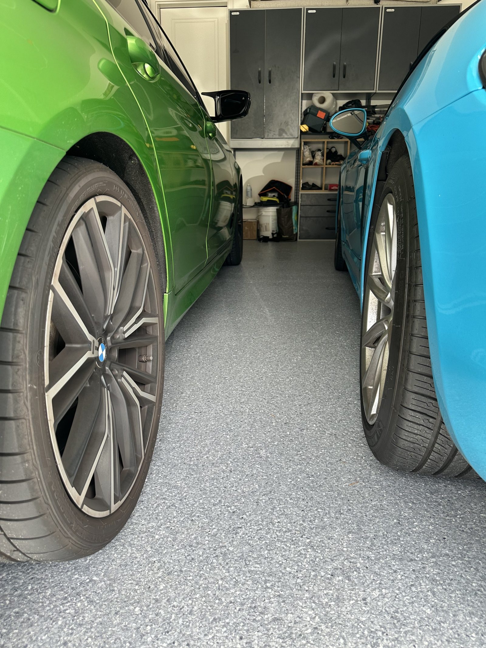 Cars parked on a finished flake floor