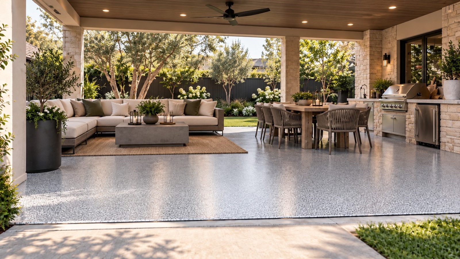 Covered patio with a coated concrete floor