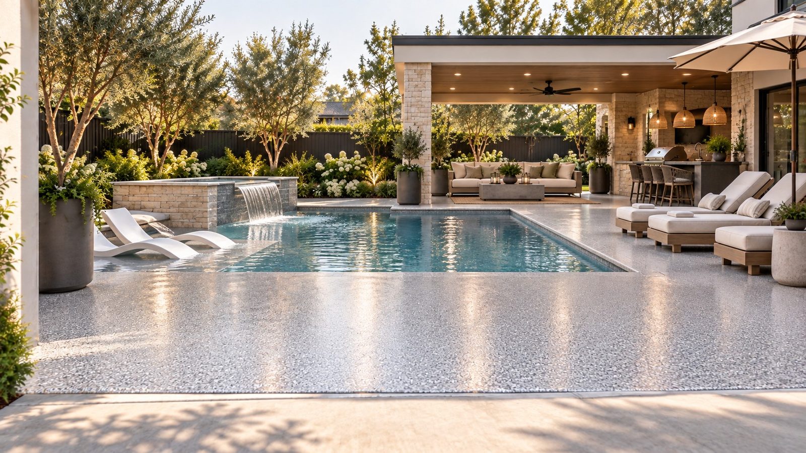 Pool deck with a light flake coating